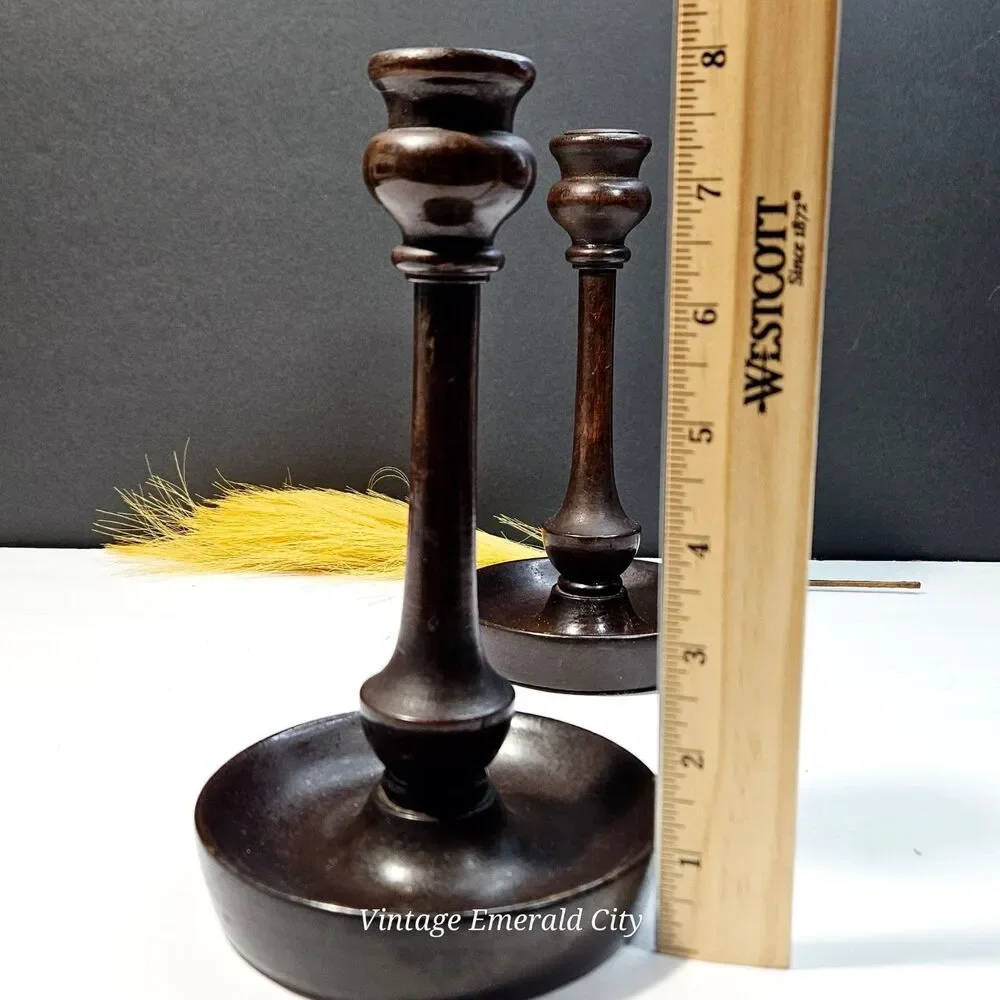 Vtg Candle Holders Turned Wood Set of 2 Brass Inserts Felted Base 9 inch READ